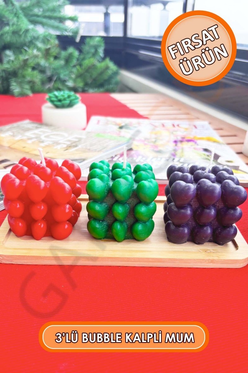 3'lü Kokusuz Dekor Bubble Kalp Mum 5 cm (Kırmızı - Yeşil - Siyah) 3'lü Kokusuz Dekor Bubble Kalp Mum 5 cm (Kırmızı - Yeşil - Siyah)