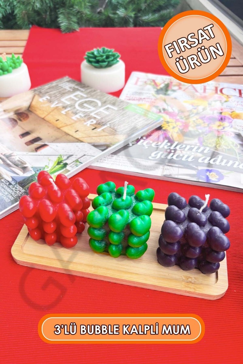 3'lü Kokusuz Dekor Bubble Kalp Mum 5 cm (Kırmızı - Yeşil - Siyah) 3'lü Kokusuz Dekor Bubble Kalp Mum 5 cm (Kırmızı - Yeşil - Siyah)