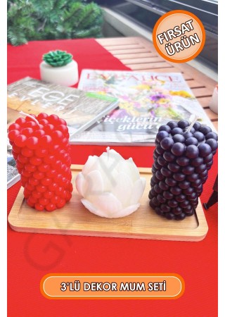 Dekor Bubble Kütük ve Enginar Mum 3'lü Kokusuz (Kırmızı - Beyaz - Siyah)