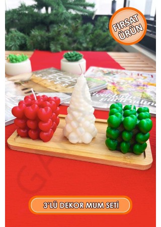 Bubble Kalpli ve Çam Ağaçlı Mum Seti 3'lü Kokusuz (Kırmızı - Beyaz - Yeşil)