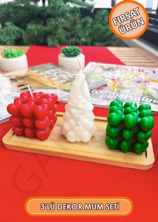 Bubble Kalpli ve Çam Ağaçlı Mum Seti 3'lü Kokusuz (Kırmızı - Beyaz - Yeşil)