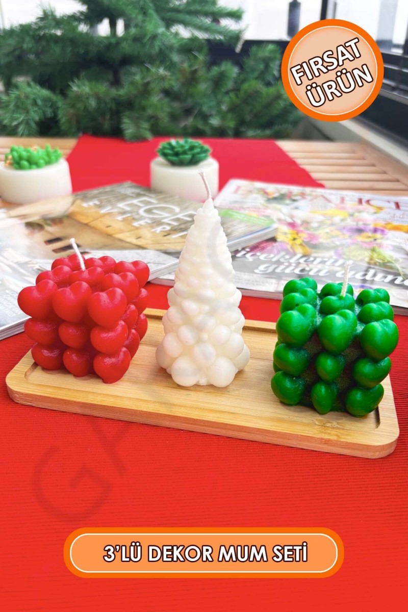 Bubble Kalpli ve Çam Ağaçlı Mum Seti 3'lü Kokusuz (Kırmızı - Beyaz - Yeşil) Bubble Kalpli ve Çam Ağaçlı Mum Seti 3'lü Kokusuz (Kırmızı - Beyaz - Yeşil)