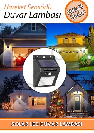 Güneş Enerjili Karanlık ve Hareket Sensörlü 20 Ledli Duvar Lambası Suya Dayanıklı Beyaz Işık