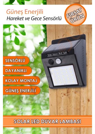 Güneş Enerjili Karanlık ve Hareket Sensörlü 20 Ledli Duvar Lambası Suya Dayanıklı Beyaz Işık
