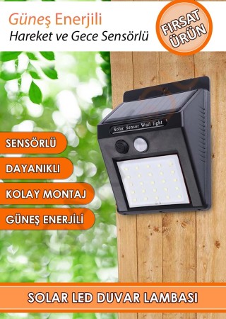 Güneş Enerjili Karanlık ve Hareket Sensörlü 20 Ledli Duvar Lambası Suya Dayanıklı Beyaz Işık