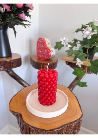 Bubble Silindir Kütük Mum 9 cm Kokusuz Kırmızı 1 Adet